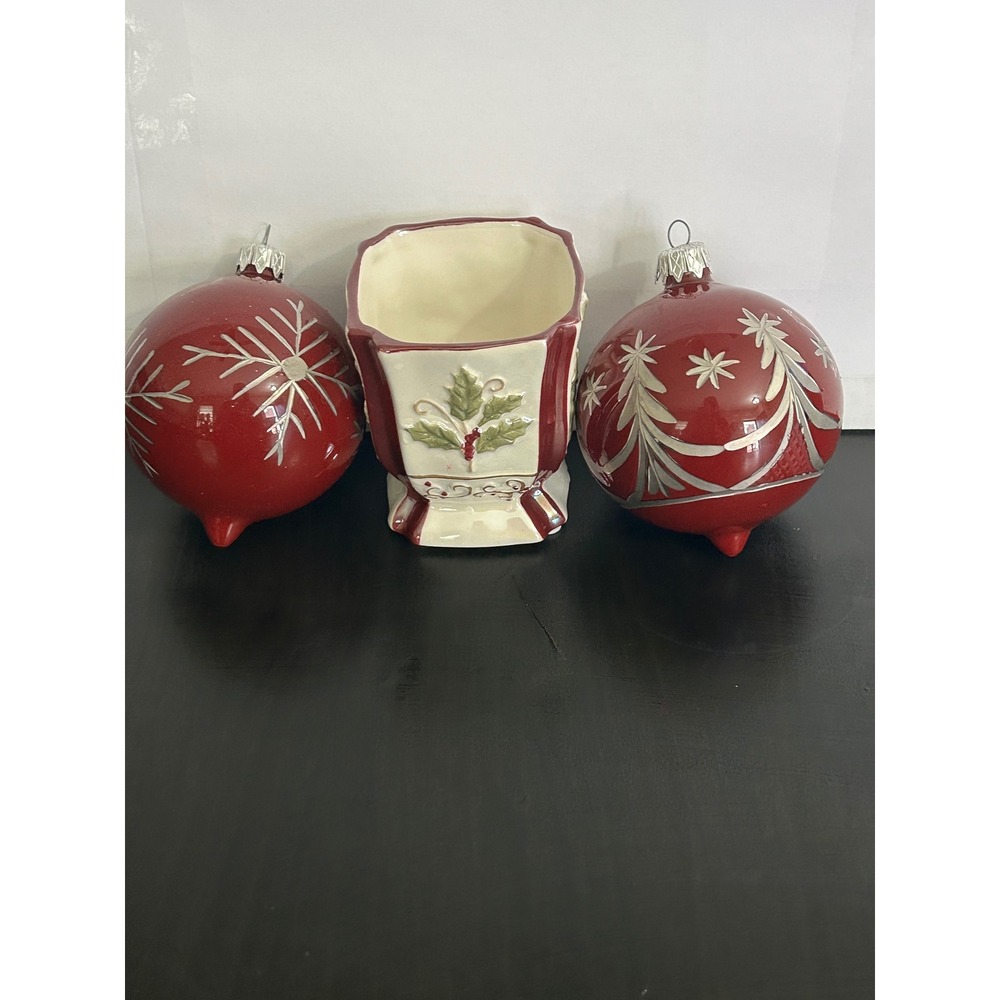 Christmas Ornaments and Planter Pot Red Silver Ceramic Holiday Decor Vintage